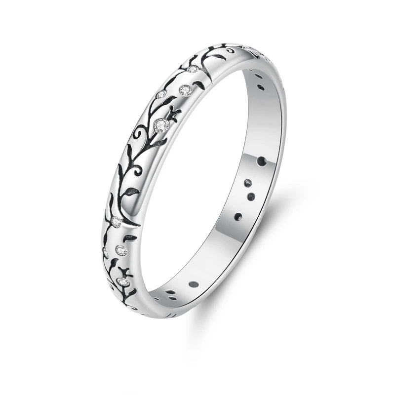 Vintage Embossed Vine Band Ring | 925 Sterling Silver, Stackable Iris Pattern