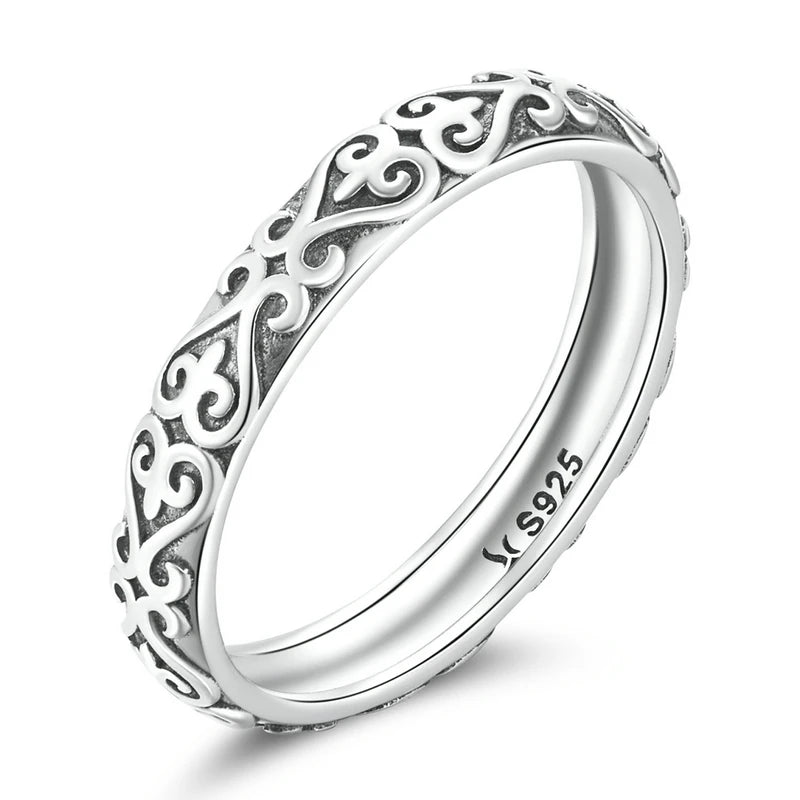 Vintage Embossed Vine Band Ring | 925 Sterling Silver, Stackable Iris Pattern