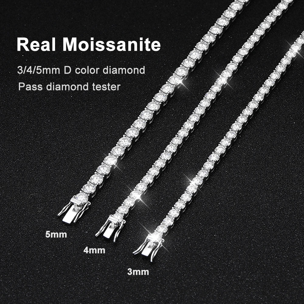 Size chart display of moissanite tennis bracelets in 925 sterling silver, D color VVS1 stones in 3 mm, 4 mm, and 5 mm options on black background — OmniVivo