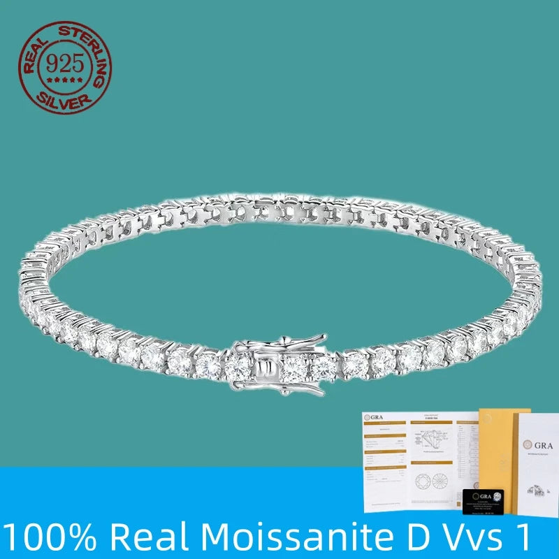 Moissanite tennis bracelet in 925 sterling silver, D color VVS1 stones, on teal background with GRA certificate set shown — OmniVivo