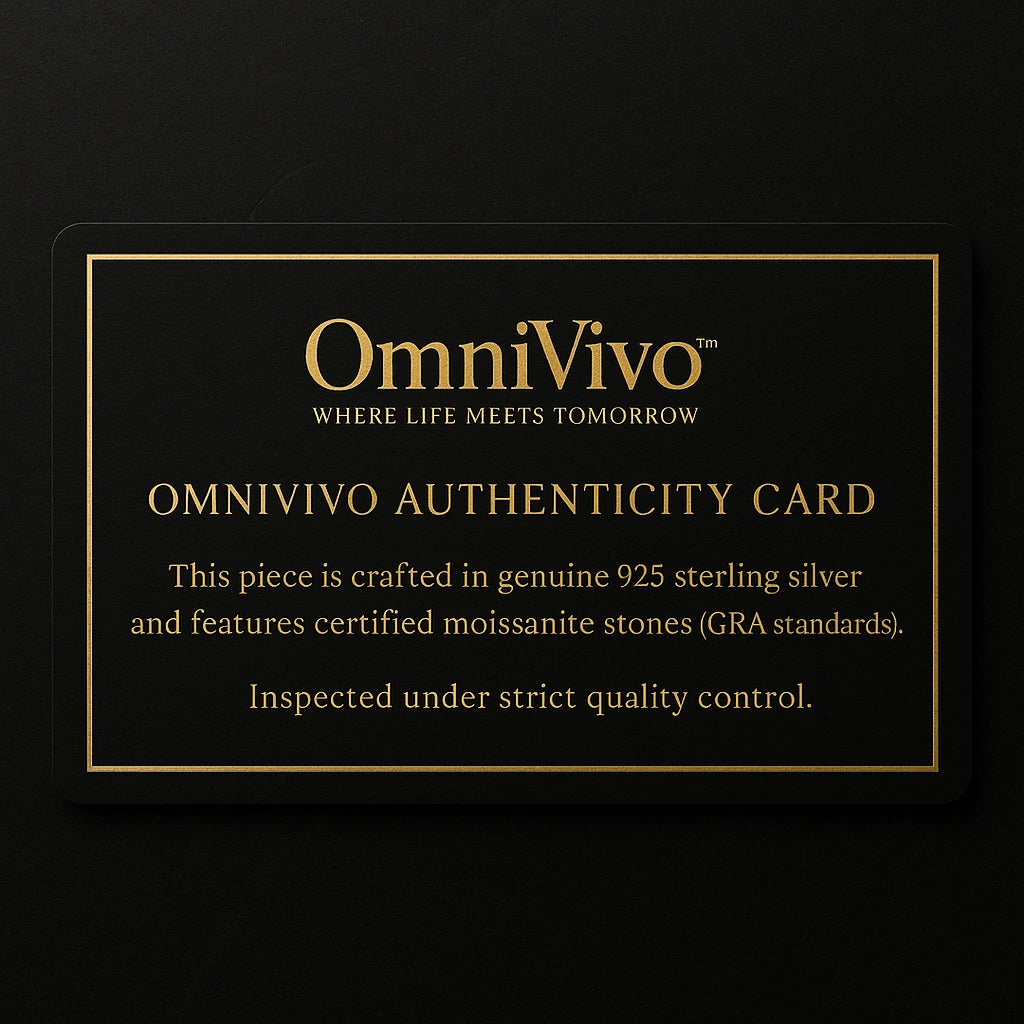Luxury OmniVivo authenticity card in black and gold design showing brand certification message — OmniVivo