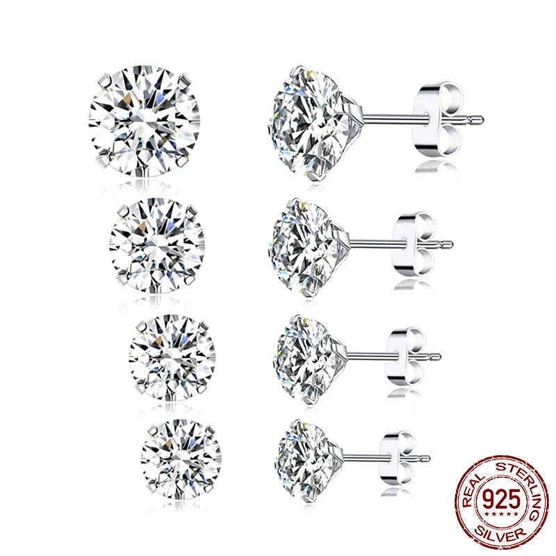 Round CZ stud earrings in platinum-plated 925 sterling silver, set of multiple sizes 4–7mm, polished finish on white background — OmniVivo
