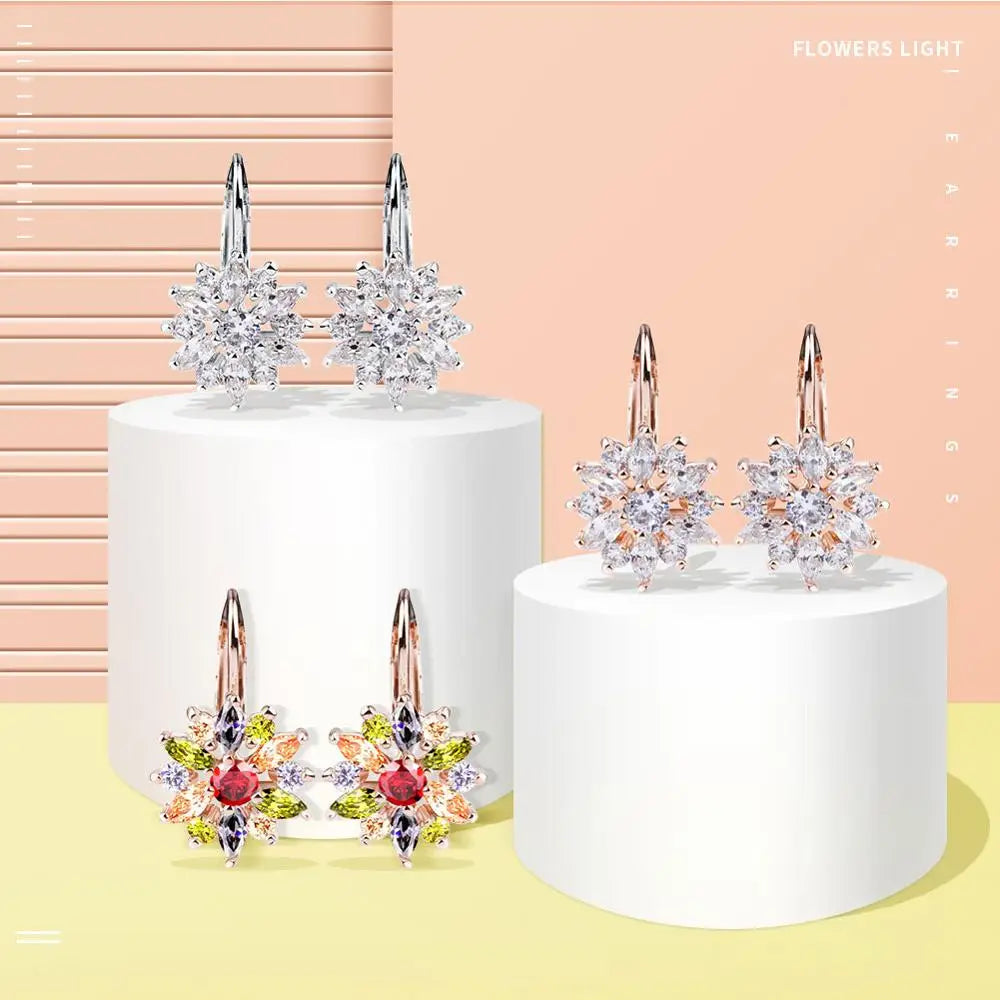 lower cluster leverback earrings in 18K gold tones (rose and white), set with AAA zircon crystals; collection display on white cylindrical stands against a pastel background — OmniVivo