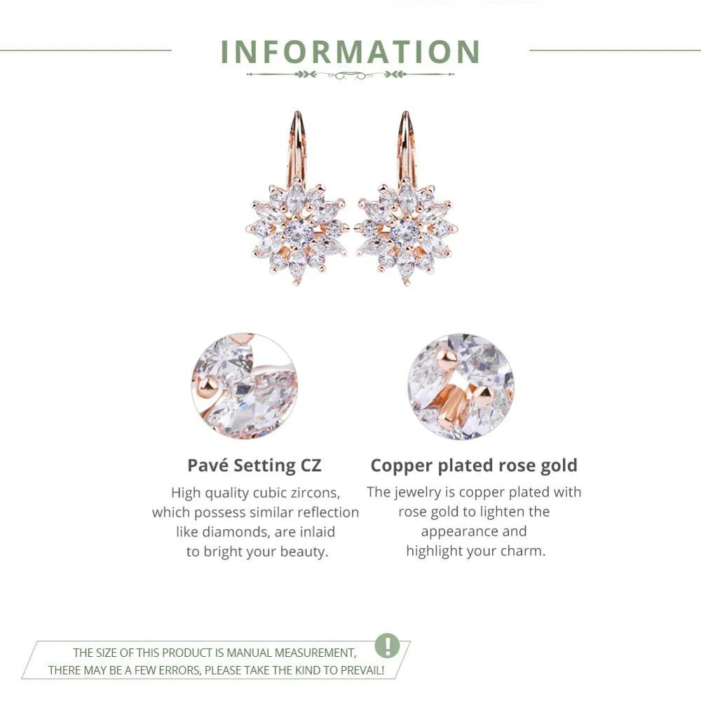 Product information infographic for 18K rose gold–plated flower cluster leverback earrings, showing pavé-set AAA zircon/CZ crystal details on a white background — OmniVivo