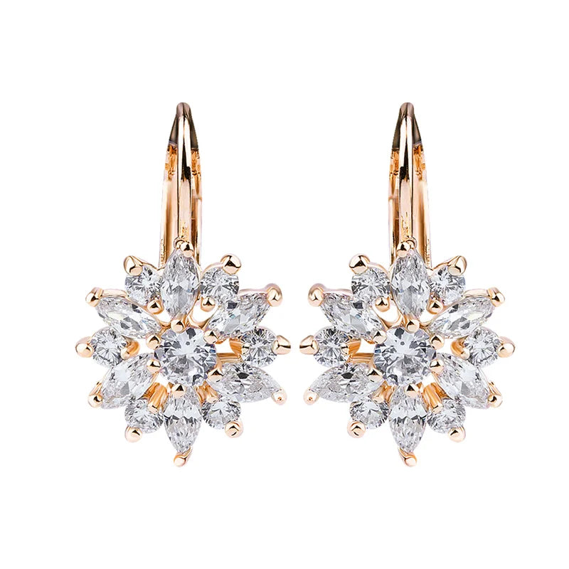 18K rose gold–plated flower cluster leverback earrings set with AAA zircon crystals in round and marquise cuts, product image on a white background — OmniVivo