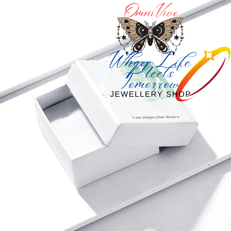 OmniVivo white jewelry gift box packaging with brand logo – includes message “I am unique, what about u”