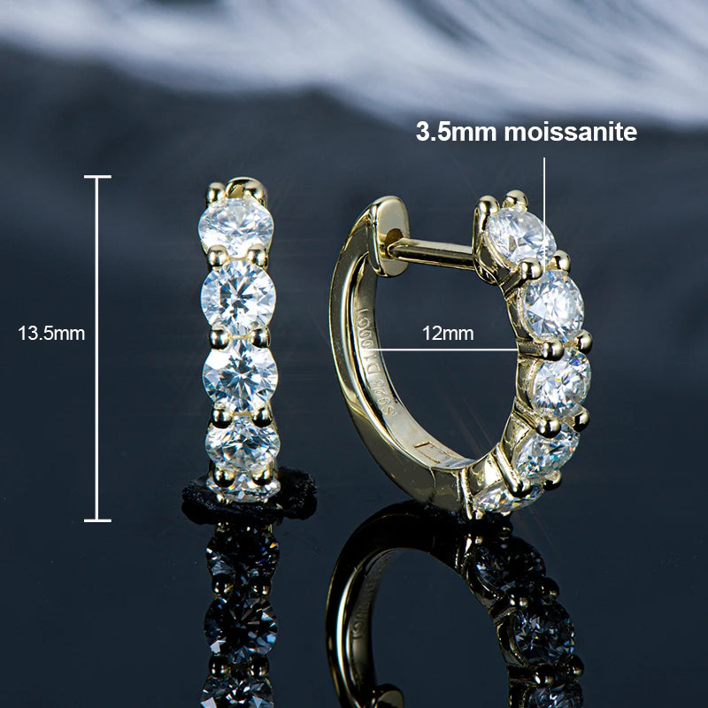 925 sterling silver hoop earrings plated in 14K yellow gold, set with 3.5 mm round-cut moissanite; technical diagram showing 13.5 mm height and 12 mm inner diameter on dark reflective background — OmniVivo