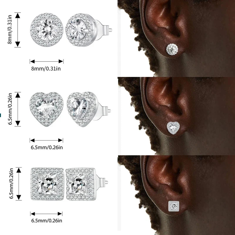 Infographic showcasing Serena Halo CZ Stud Earrings in three shapes: round (8mm), heart (6.5mm), and square (6.5mm), with dimensions and side-by-side images of models wearing each shape to demonstrate their elegant fit.