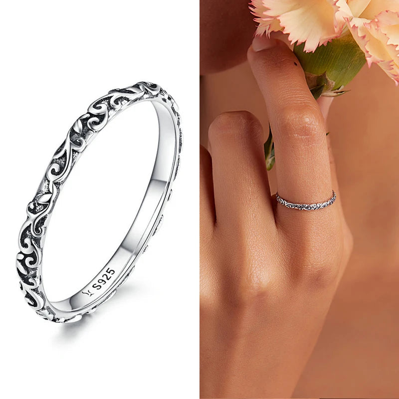 Vintage Embossed Vine Band Ring | 925 Sterling Silver, Stackable Iris Pattern