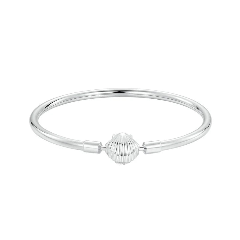 Charm Bangle Bracelet | 925 Sterling Silver, Heart/Shell Clasp
