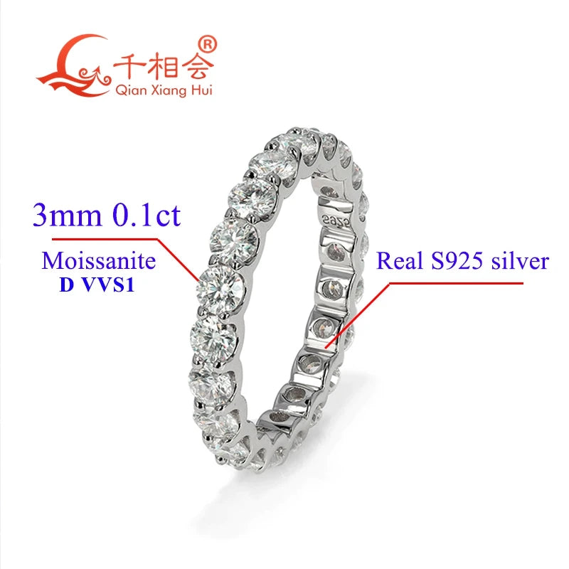 Moissanite Full Eternity Ring Band | 925 Sterling Silver, 2–3 mm