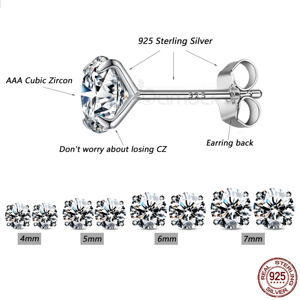 CZ Stud Earrings | 925 Sterling Silver, Platinum Plated, 4–7mm