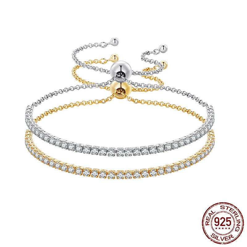 Two-tone adjustable slider tennis bracelets in 925 sterling silver, 18K gold plated, pavé CZ stones, on a white background — OmniVivo