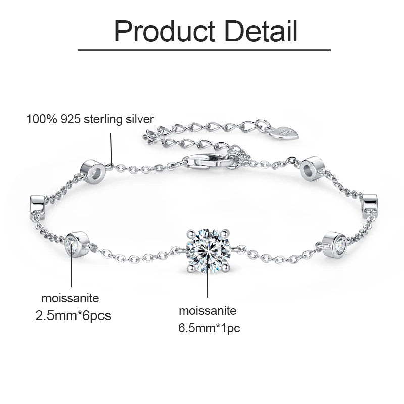 Product detail image of a 925 sterling silver moissanite bracelet showing a 6.5 mm center stone and six 2.5 mm side stones with an adjustable extender chain on a white background — OmniVivo