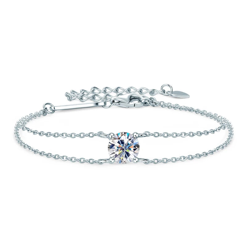 925 sterling silver moissanite bracelet with double chain and 6.5 mm round center stone, adjustable extender to 21.5 cm — OmniVivo