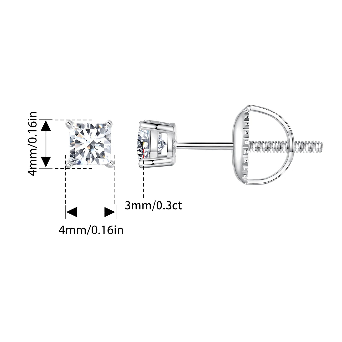 Technical diagram showing 0.3 ct D-Color VVS1 moissanite stud earring dimensions (4 mm) in 925 sterling silver screw-back setting, white background — OmniVivo