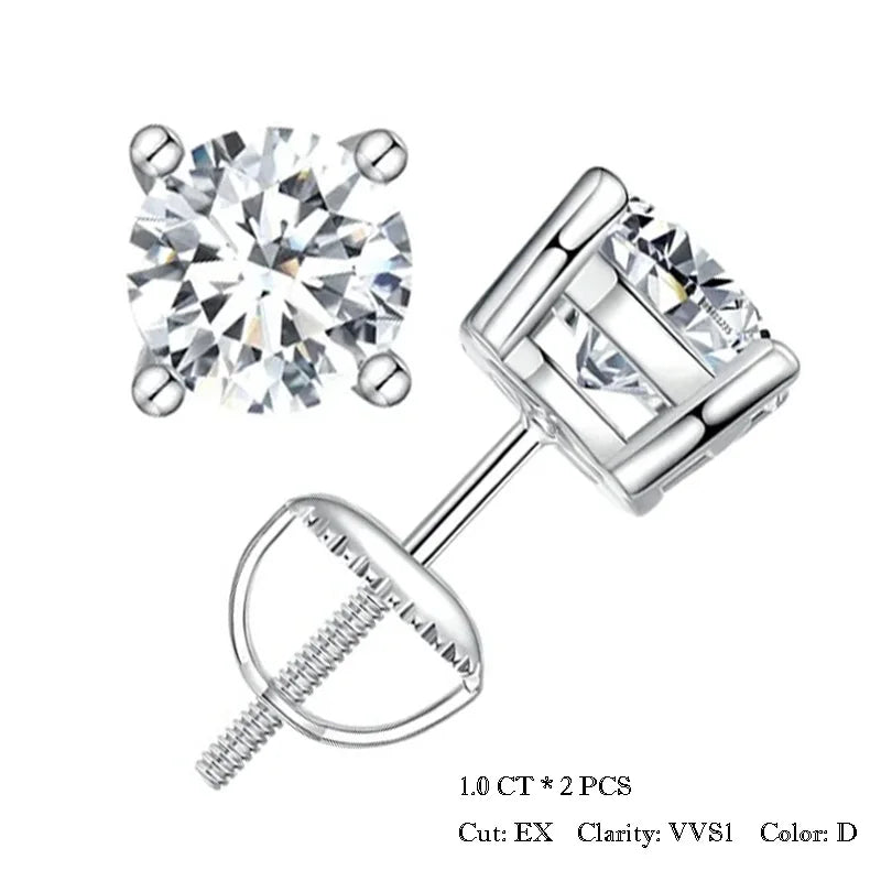 Pair of 1 ct D-Color VVS1 moissanite stud earrings in 925 sterling silver with screw backs, excellent cut, front and side view — OmniVivo