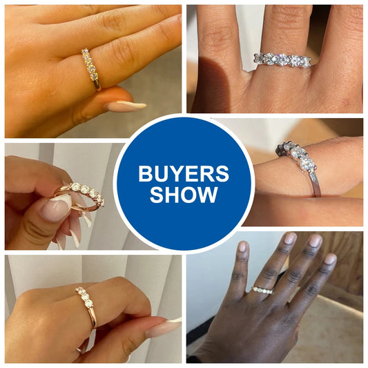 Buyers show of 5-stone moissanite eternity ring worn on hand, 925 sterling silver with rose gold plating, D color VVS1 stones — OmniVivo
