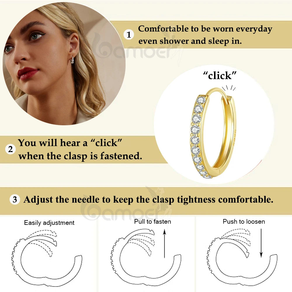 OmniVivo instruction graphic showing how to wear and adjust Bamoer 925 sterling silver gold-plated CZ huggie hoop earrings—“click” clasp closure and steps to tighten or loosen for a comfortable fit—shown with a model wearing the earring.