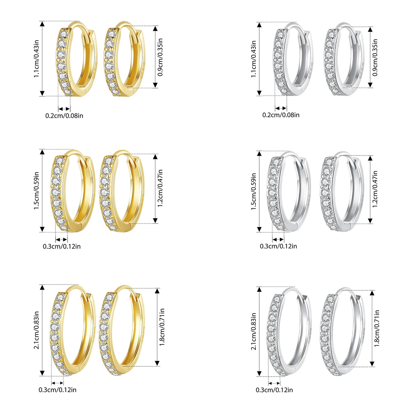 OmniVivo size chart showing gold-plated and silver 925 sterling silver CZ huggie hoop earrings with measurements in millimeters on a white background.