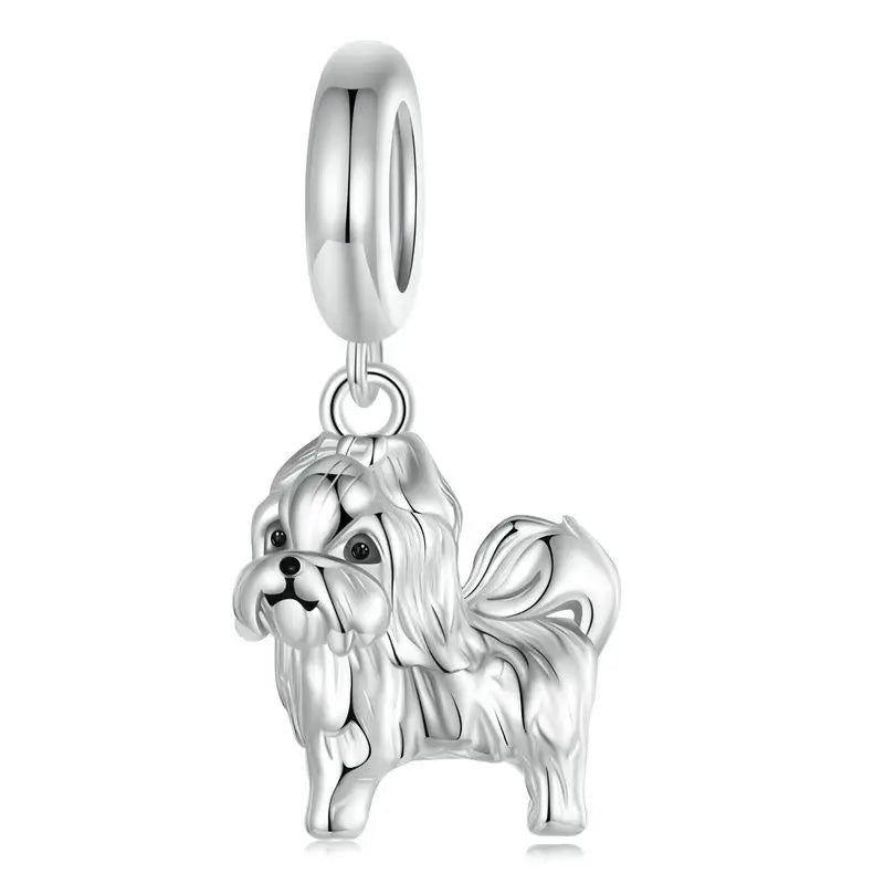 925 sterling silver long-haired dog charm bead with textured fur, photographed on a white background.