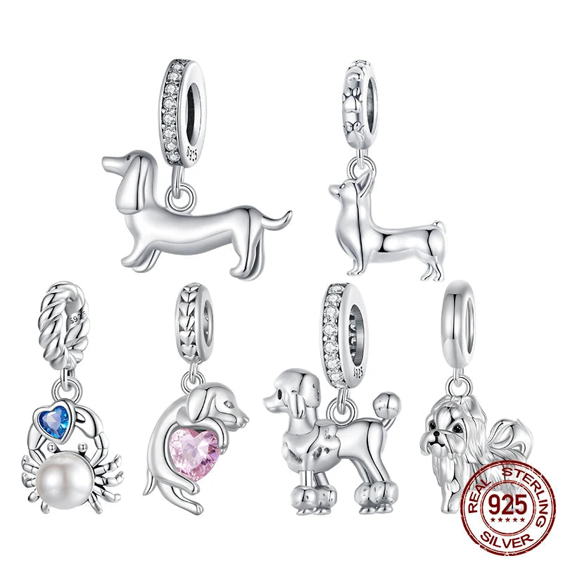 925 silver dog charm beads—poodle & dachshund designs with zircon accents on white.