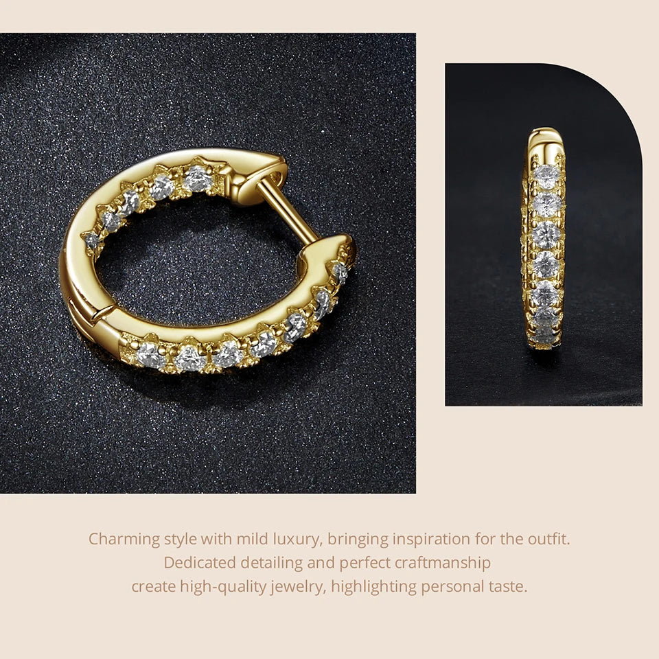 Close-up of a gold-plated 925 silver moissanite hoop earring, D color VVS1; front macro with side profile.