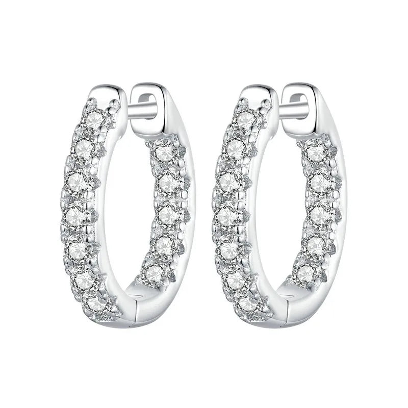 Pair of 925 sterling silver moissanite hoop earrings, D color VVS1 — front view on white background.
