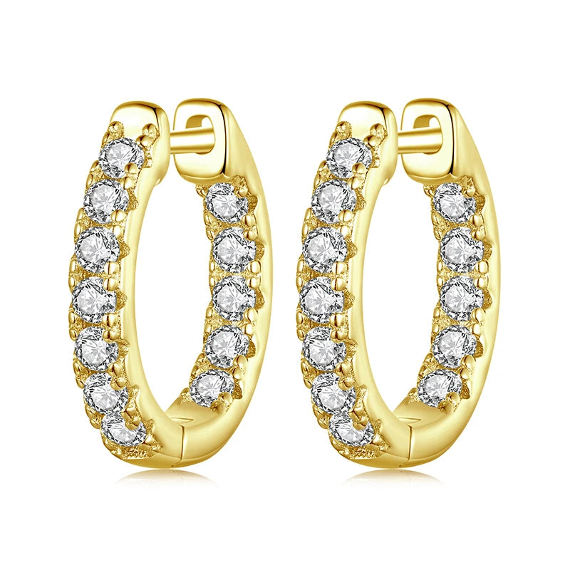 Pair of gold-plated 925 silver moissanite hoop earrings, D color VVS1 — front view on white background.