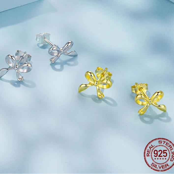 925 sterling silver bow stud earrings – minimalist ribbon knot design for women teens