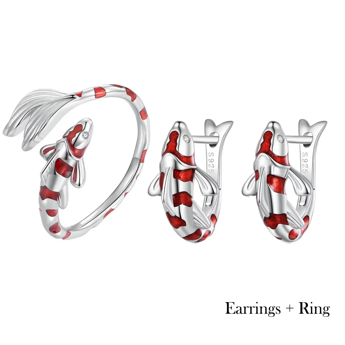 Guardian lucky fish ring and hoop earrings set in 925 sterling silver with red enamel, S925 stamped, on a white background — OmniVivo