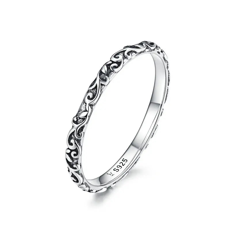 Vintage Embossed Vine Band Ring | 925 Sterling Silver, Stackable Iris Pattern