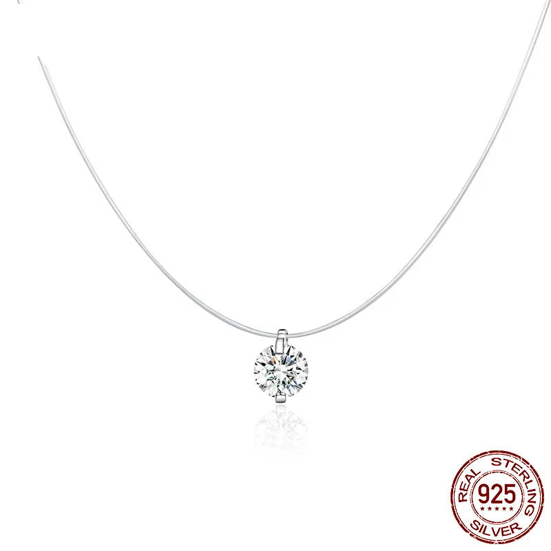 Invisible chain necklace with round zircon pendant set in 925 sterling silver, transparent line for a floating stone effect on white background — OmniVivo