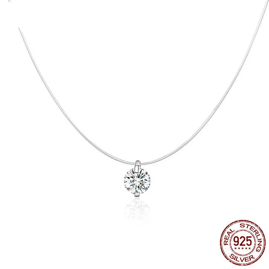 Invisible chain necklace with round zircon pendant set in 925 sterling silver, transparent line for a floating stone effect on white background — OmniVivo