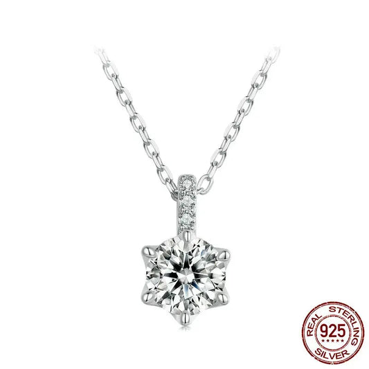 Close-up view of moissanite flower pendant necklace with 925 sterling silver chain – OmniVivo