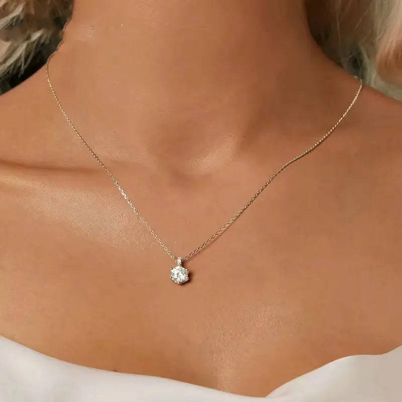 Model wearing moissanite flower pendant necklace with 925 sterling silver chain – OmniVivo