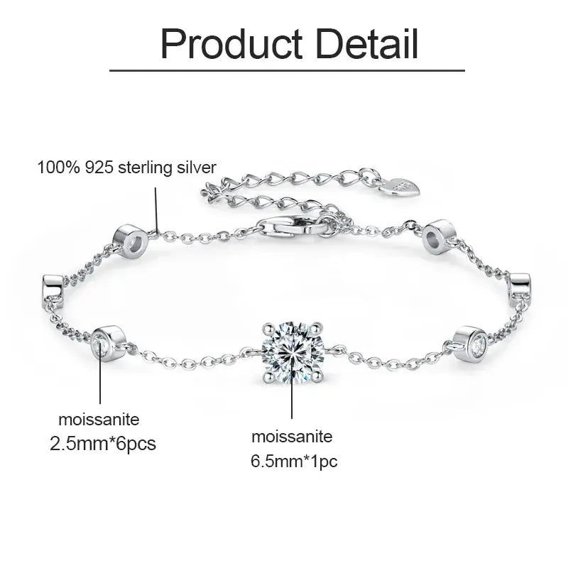 A sparkling 925 sterling silver Moissanite bracelet, featuring one prominent 6.5mm central stone and six 2.5mm accent stones, elegantly set on a delicate chain with an adjustable clasp, showcasing product details and material purity.