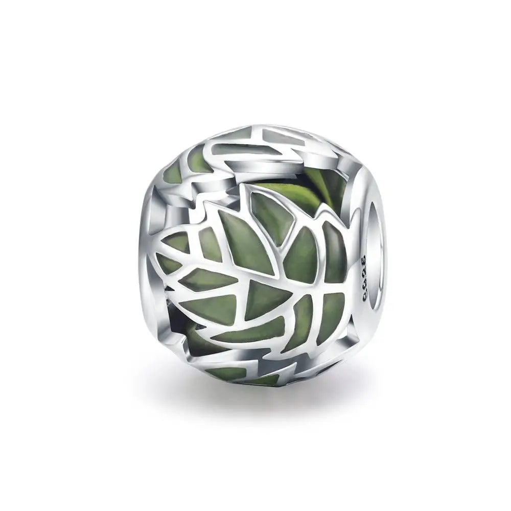 925 sterling silver spacer charm with green leaf nature design, European bracelet style, clean product shot on white background — OmniVivo
