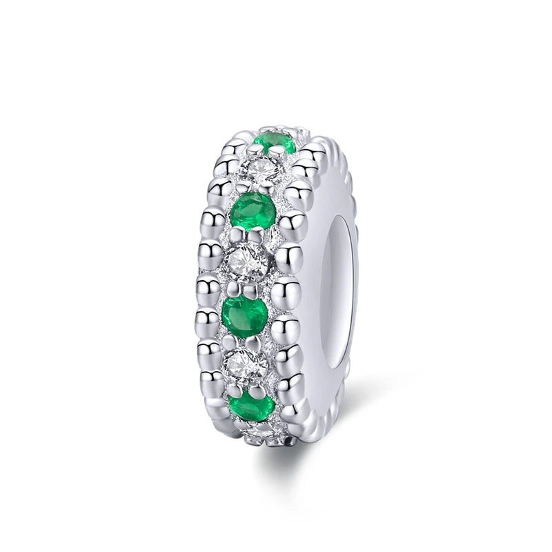 925 sterling silver row spacer charm featuring green zircon stones, European bracelet style, clean product shot on white background — OmniVivo
