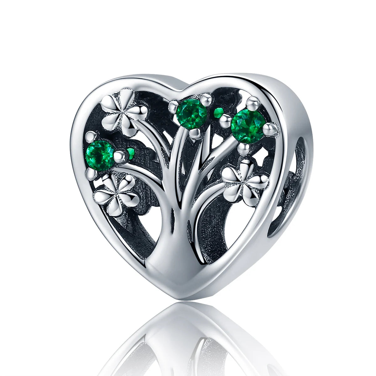 925 sterling silver heart-shaped Tree of Life charm set with green zircon stones, clean product shot on white background — OmniVivo

