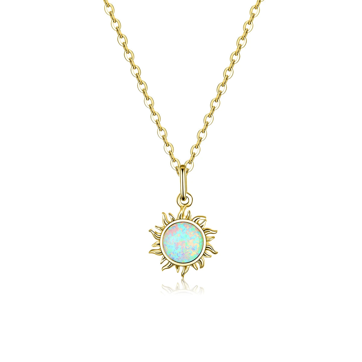 Gold plated opal sun pendant necklace crafted in 925 sterling silver, radiant white opal center with symbolic celestial sun design, shown in a front view on a clean white background — OmniVivo
