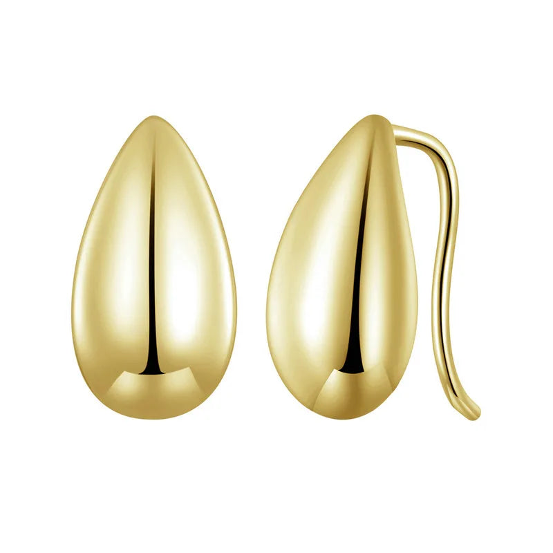 Gold tone teardrop earrings crafted in 925 sterling silver, polished minimalist drop design shown in front and side view on a clean white background — OmniVivo
