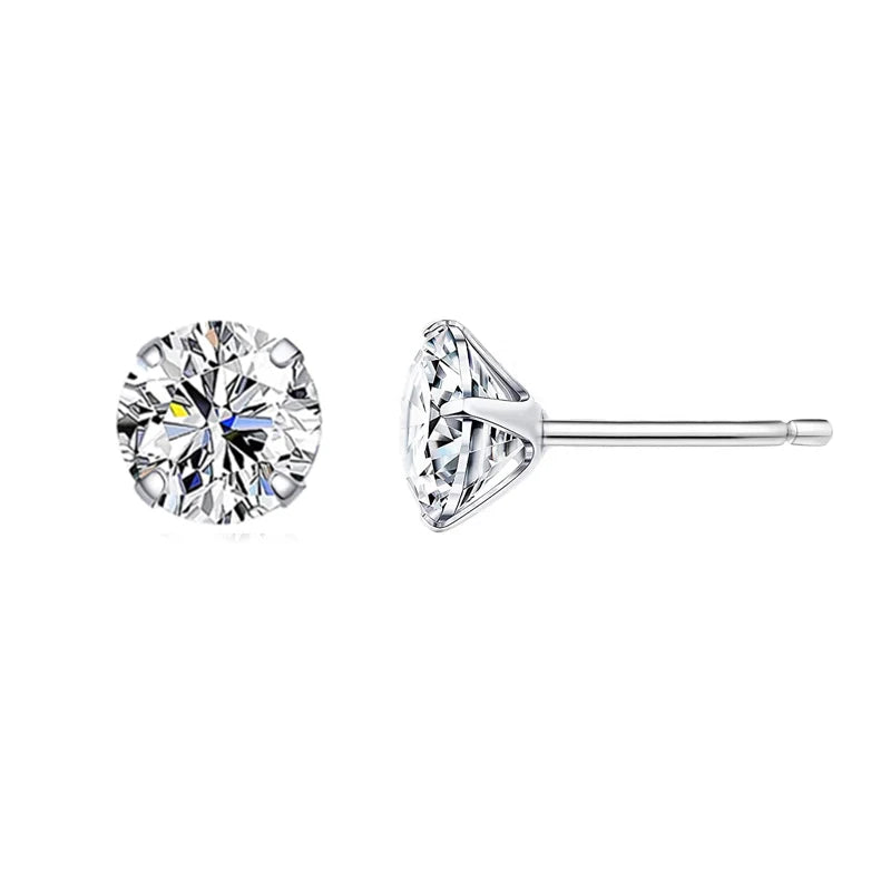 Pair of 925 sterling silver CZ stud earrings shown front and side view on a white background, round cut stone, polished hypoallergenic finish — OmniVivo