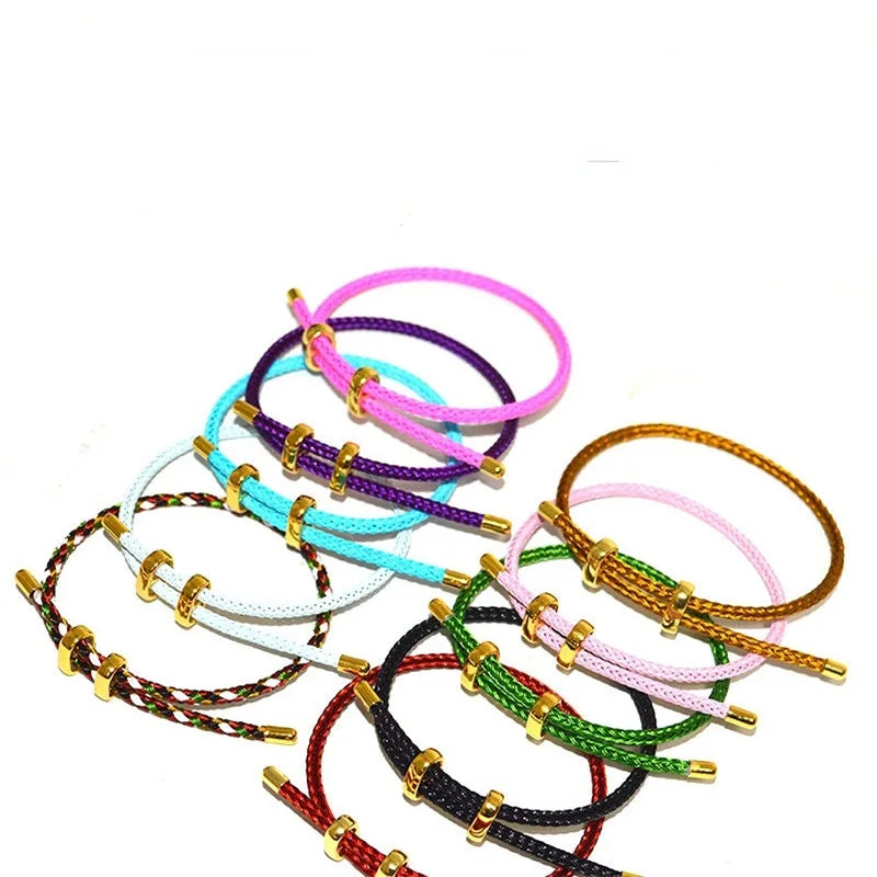 Set of adjustable multicolor rope bracelets with stainless steel wire and gold-tone ends on a white background — OmniVivo