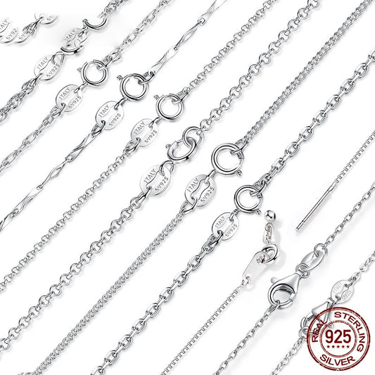 A collection of various Alina 925 sterling silver chain necklace styles, including rolo and geometric links, showcasing different clasp types and adjustable lengths, highlighting their versatility for layering.