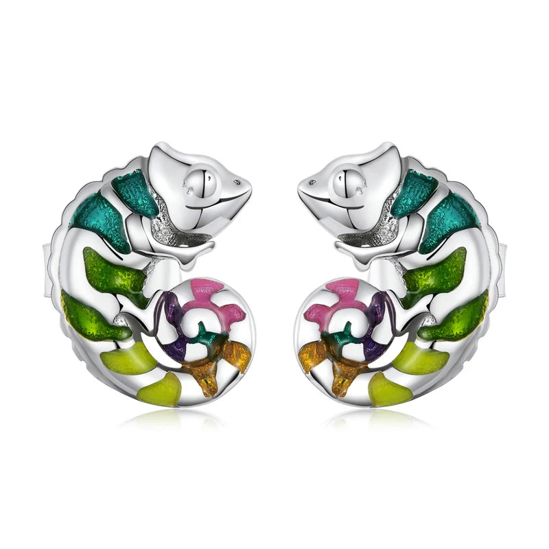 Chameleon stud earrings crafted in 925 sterling silver with colorful enamel details, playful nature-inspired design on white background — OmniVivo