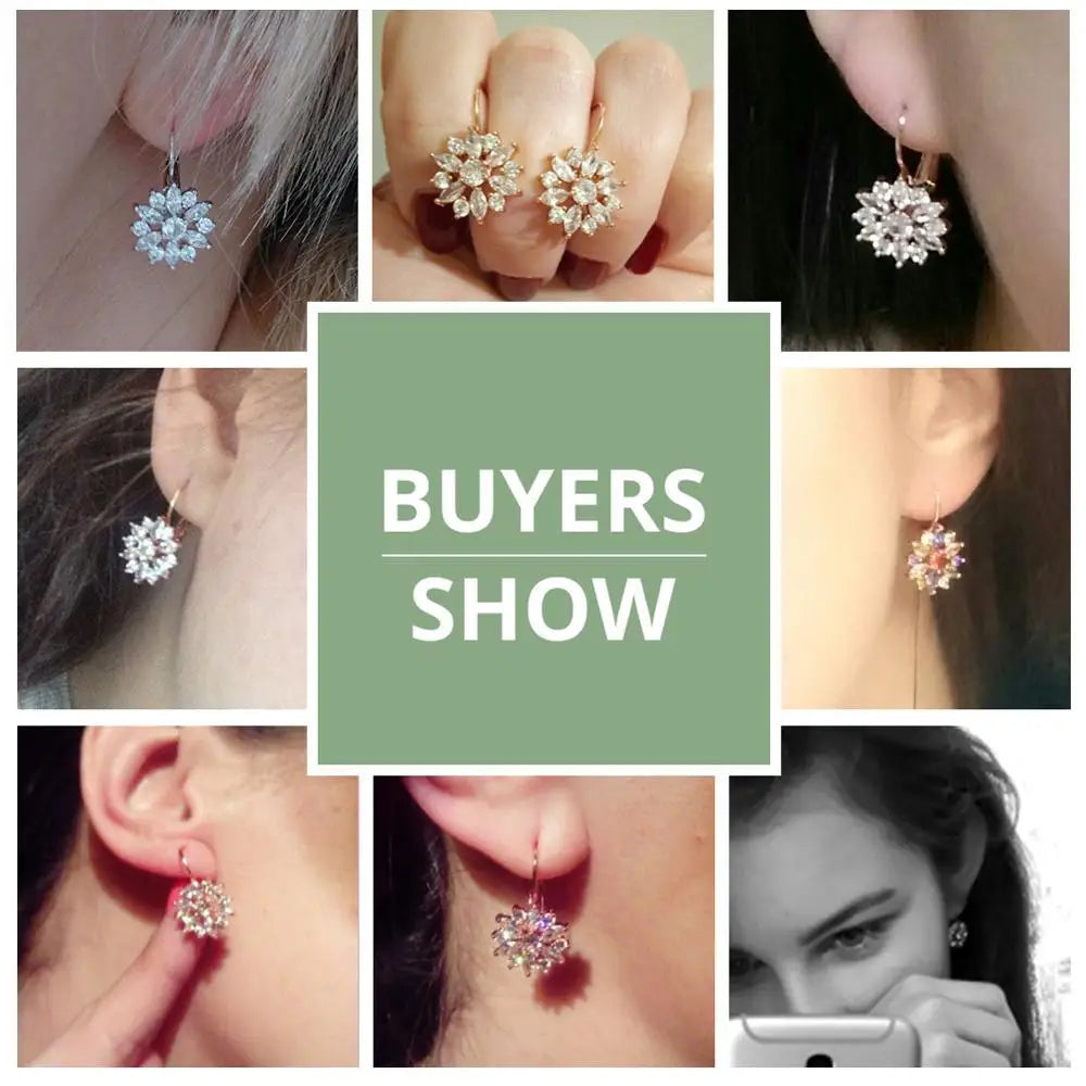 Collage of customer showcase photos featuring flower cluster leverback earrings in 18K gold tones (white, rose, multicolor zircon styles); labeled as BUYERS SHOW — OmniVivo