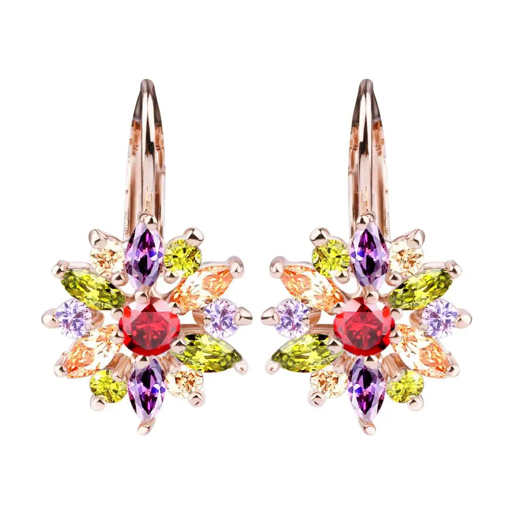 18K rose gold–plated flower cluster leverback earrings set with multicolor AAA zircon crystals (round and marquise cuts), product image on a white background — OmniVivo