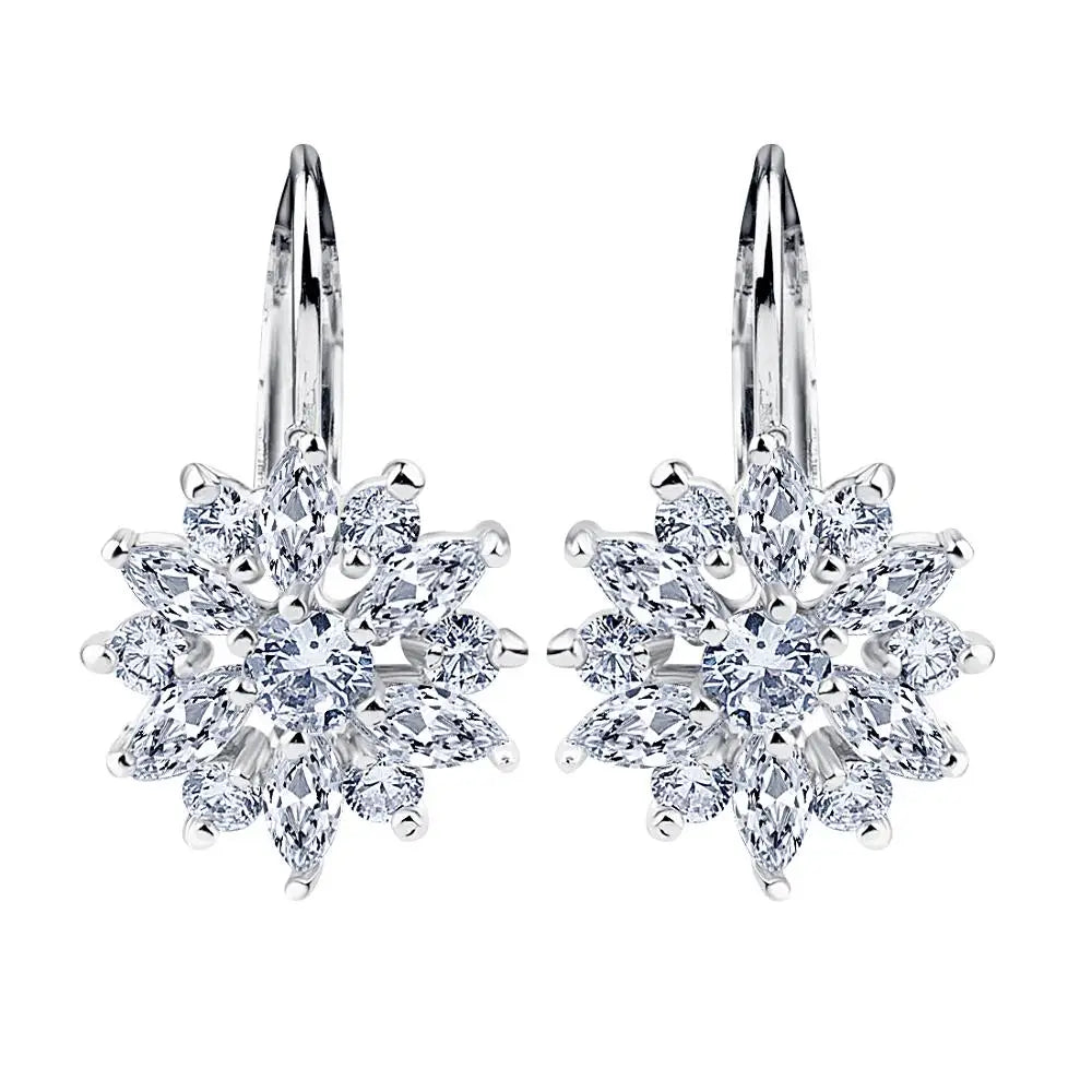 18K white gold–plated flower cluster leverback earrings with AAA zircon crystals (round and marquise cuts), product photo on a white background — OmniVivo