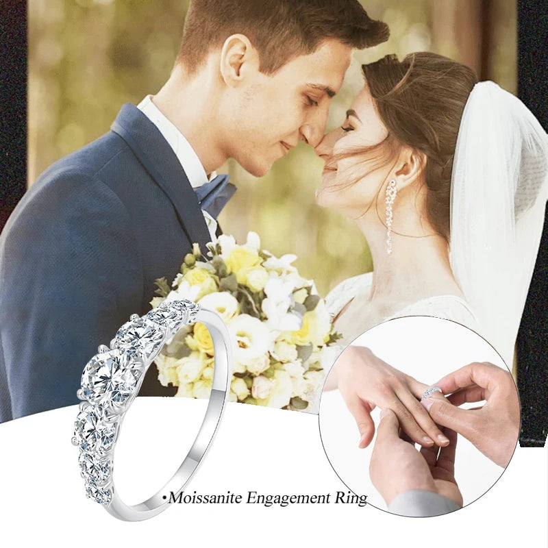D color VVS1 EX lab moissanite engagement ring in 925 sterling silver, romantic couple wedding scene with ring highlight and brilliant sparkle — OmniVivo